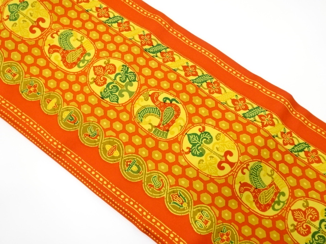 塩瀬　縞に花鳥模様名古屋帯